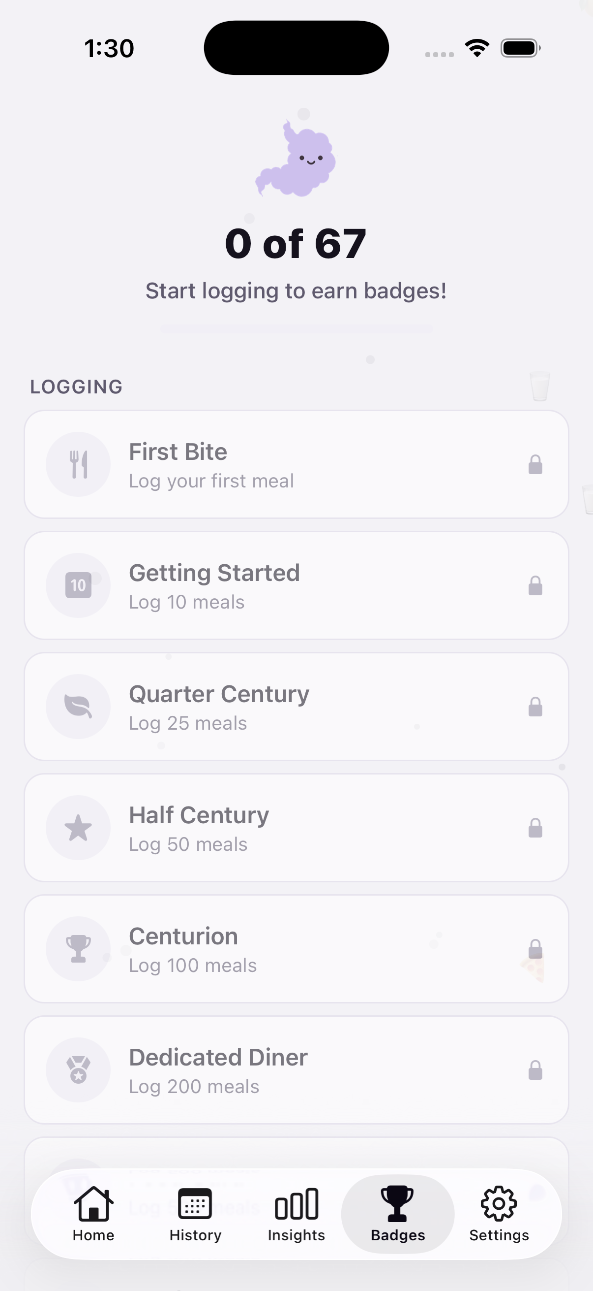 TummyHurty badges screen showing 67 achievement badges across categories