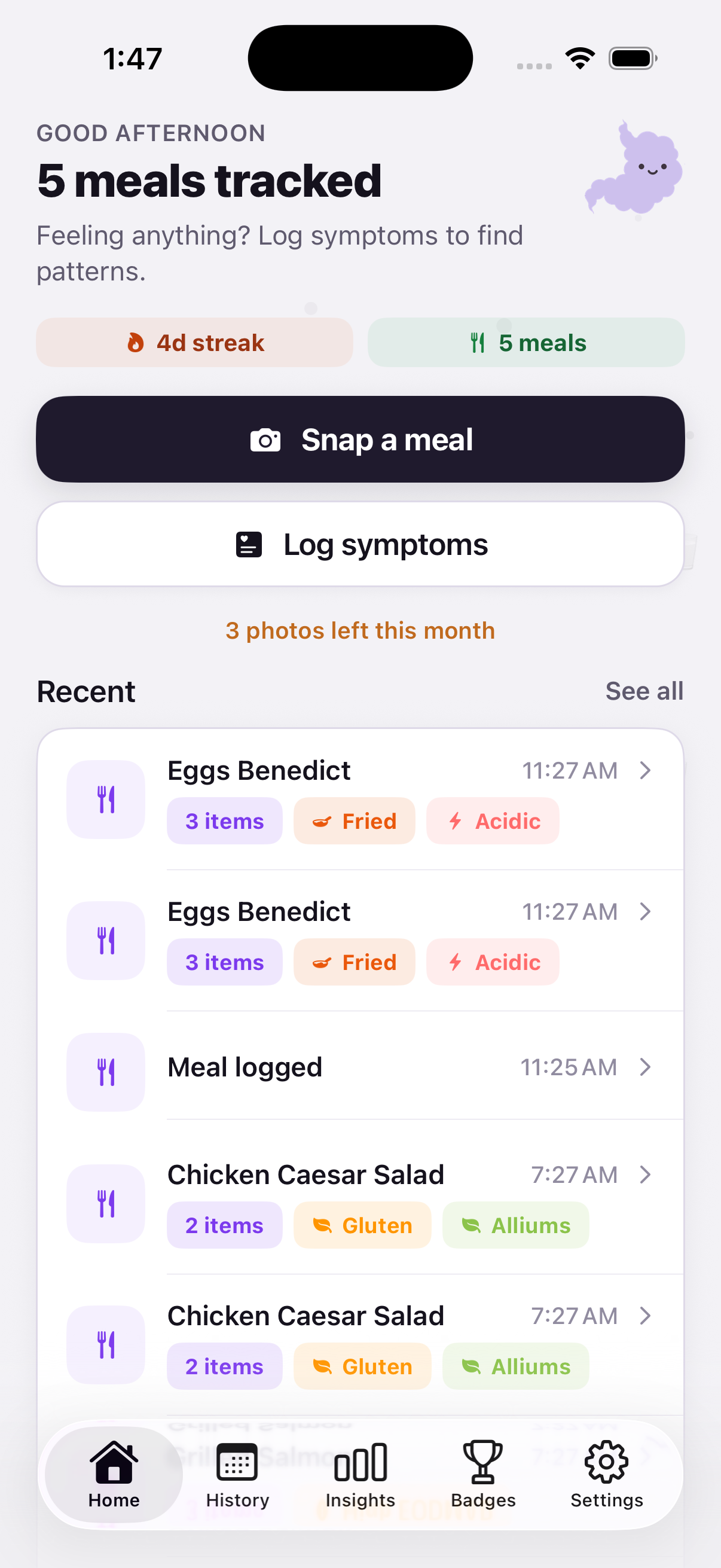 TummyHurty home screen showing meal logging and the path to discovering food triggers